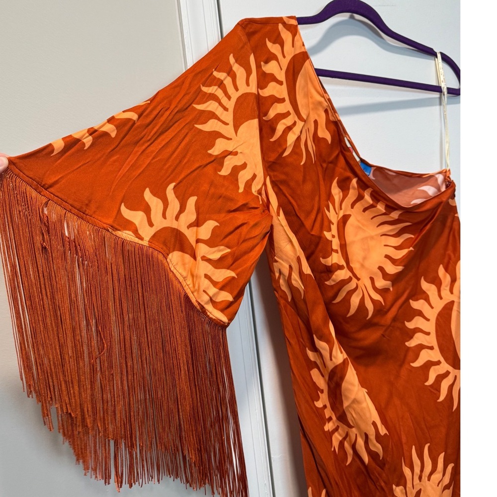 Farm Rio for Anthropologie Sun Motif One Shoulder Fringe Midi Dress Orange L NWT - Picture 5 of 13
